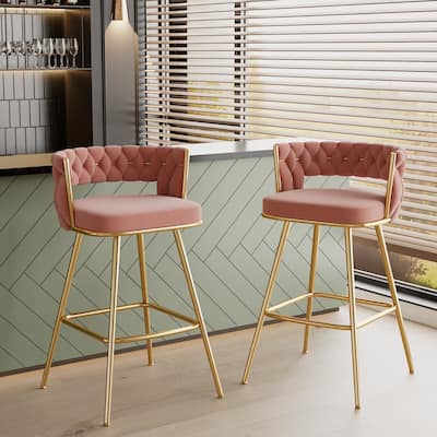 VECELO Counter Height Bar Stools with Woven Backrest 26.77" Seat Height Mid-Century Modern Upholstered Bar Chairs for Kitchen