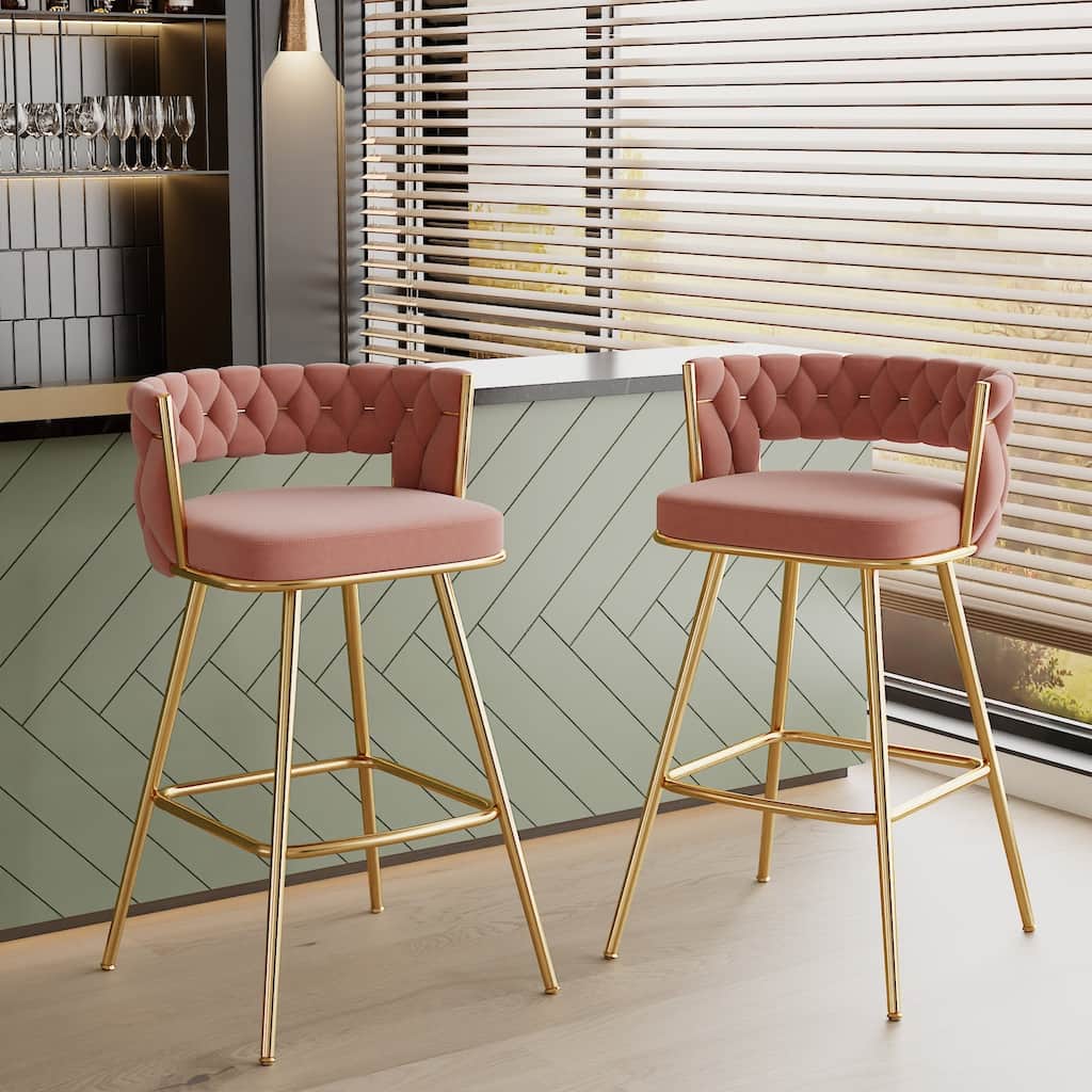 VECELO Counter Height Bar Stools with Woven Backrest 26.77" Seat Height Mid-Century Modern Upholstered Bar Chairs for Kitchen