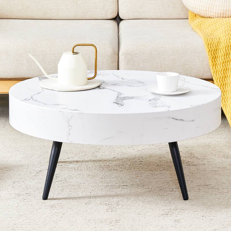 31.5 Inch Round Coffee Table with Adjustable Legs Small End Table with Marble Sticker Top Home Center Table