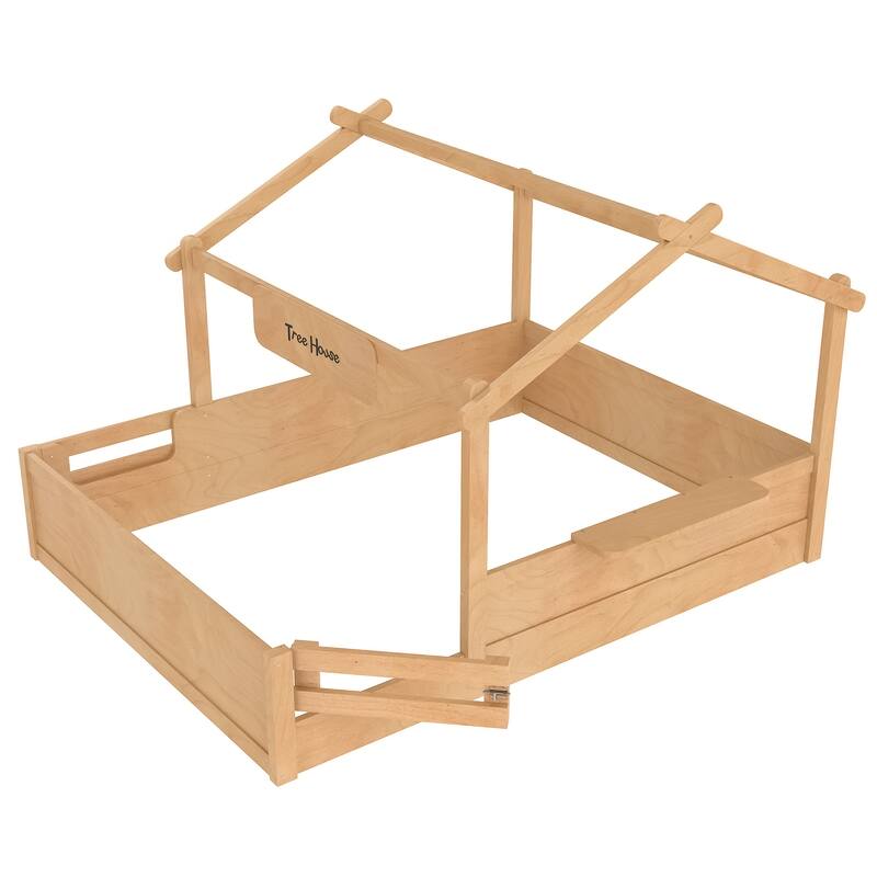 Queen Size Floor Bed with Guardrails and Roof, Kids House Floor Bed with a Small Built-in Tray and Free-installed Signboard