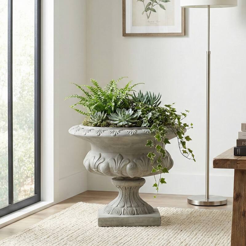 Christopher Knight Home - 18.5"H Classical Floral-Carved MGO Pedestal Urn Planter for Garden & Front Porch