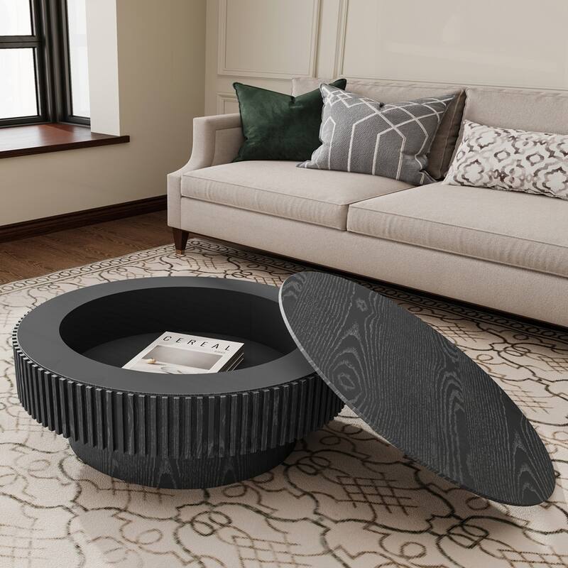 Lift-top Coffee Table Solid Wood Veneered Coffee Table with Storage and Adjustable Height - 31.5"Round - Black