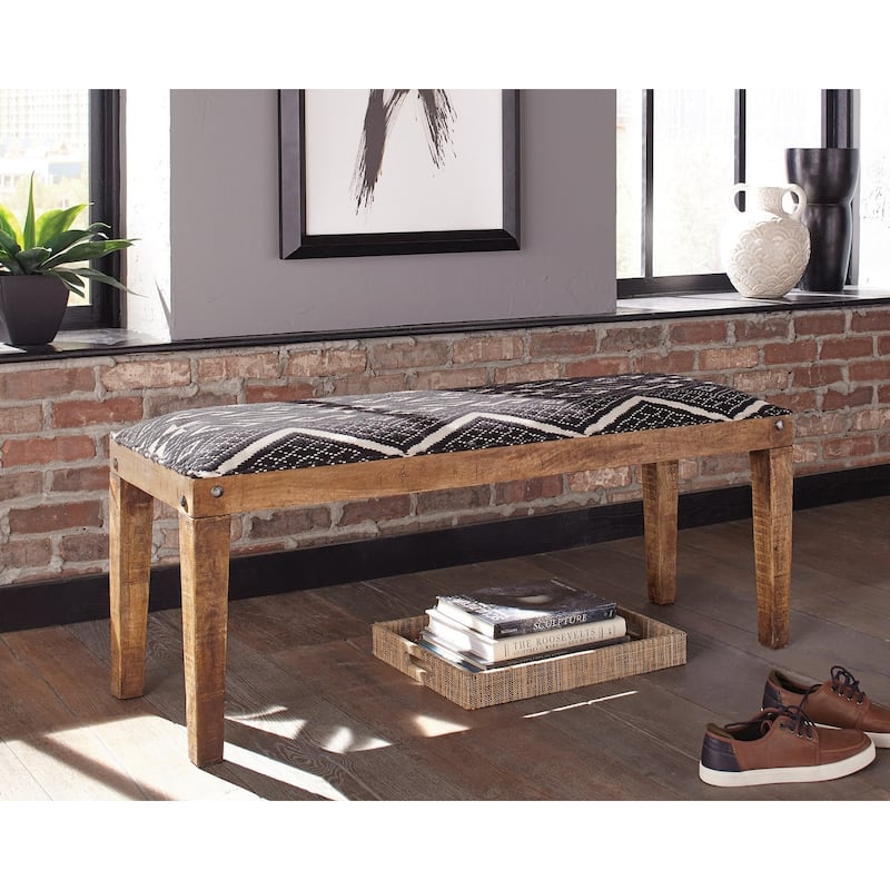 Rectangular Upholstered Bench, Natural and Navy