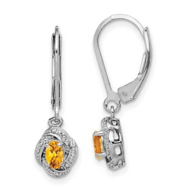 Curata 925 Sterling Silver Dangle Polished Leverback Diamond and Citrine Earrings - 26x7mm Wide