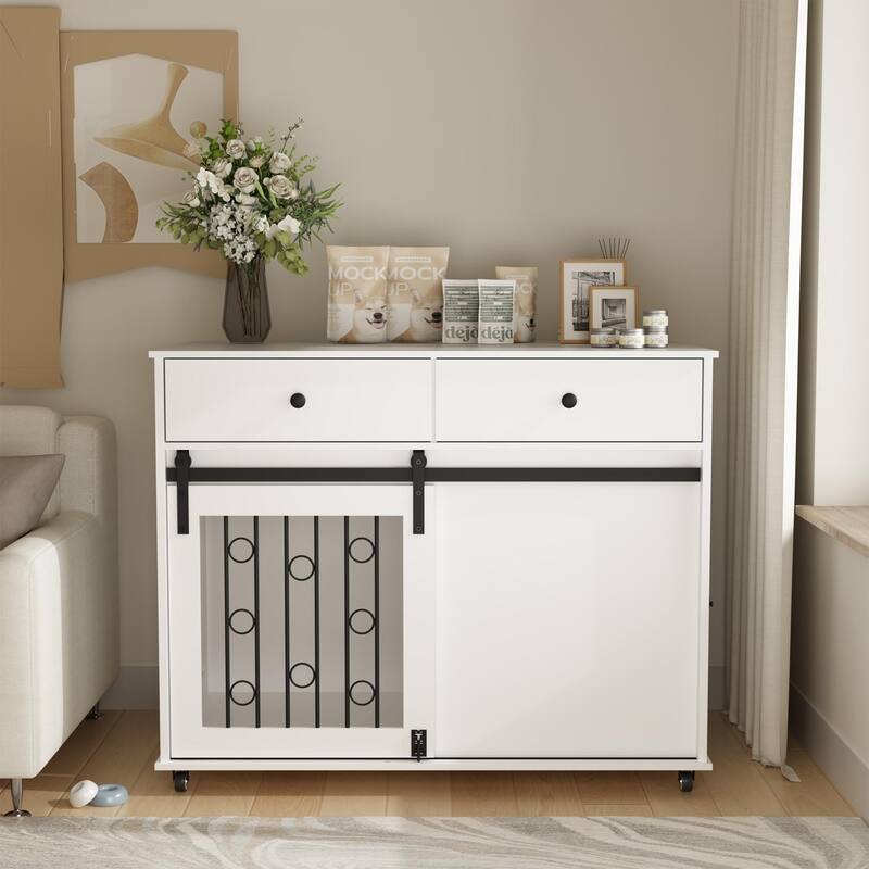 Wooden Dog Crate with Lockable Wheels, 2 Drawers & Sliding Barn Door, Decorative Pet Kennel End Table for Small to Medium Dogs