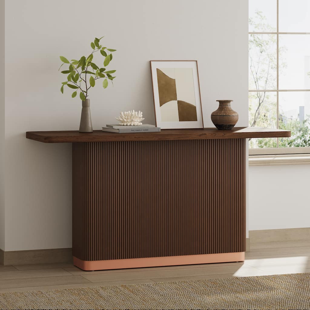 Christopher Knight Home - Modern Wood Console Table with Ash Veneer Top and Fluted Base with Metal Accent