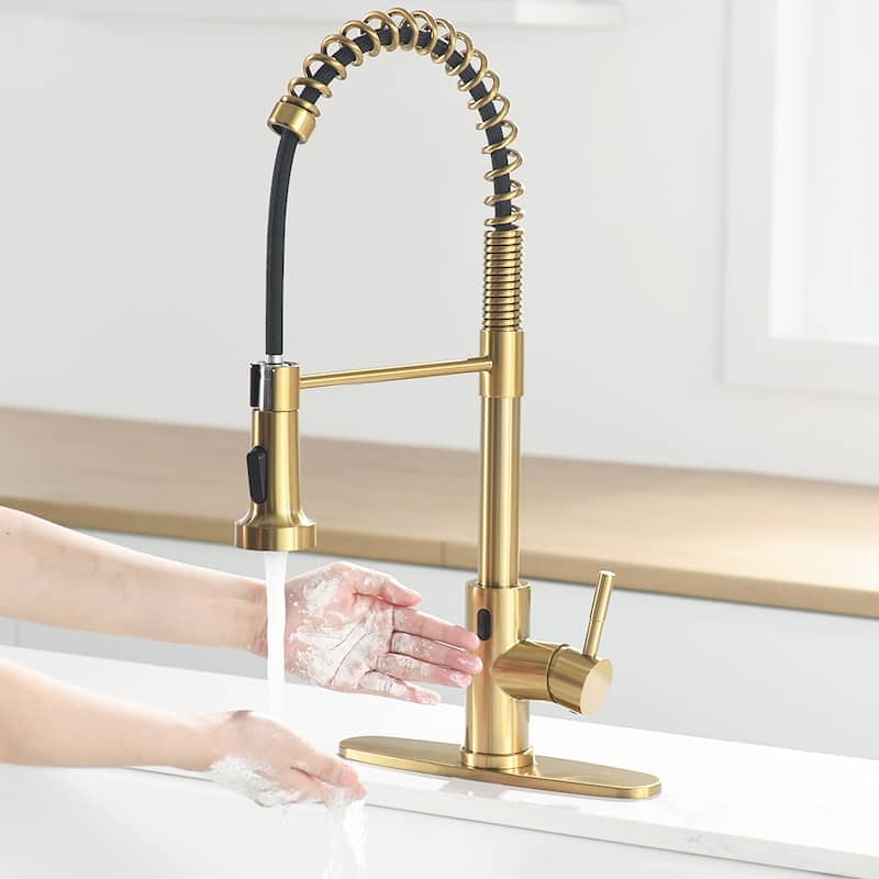 Touchless Spring Kitchen Faucet with AC Adapter and Deck Plate - Brushed Gold