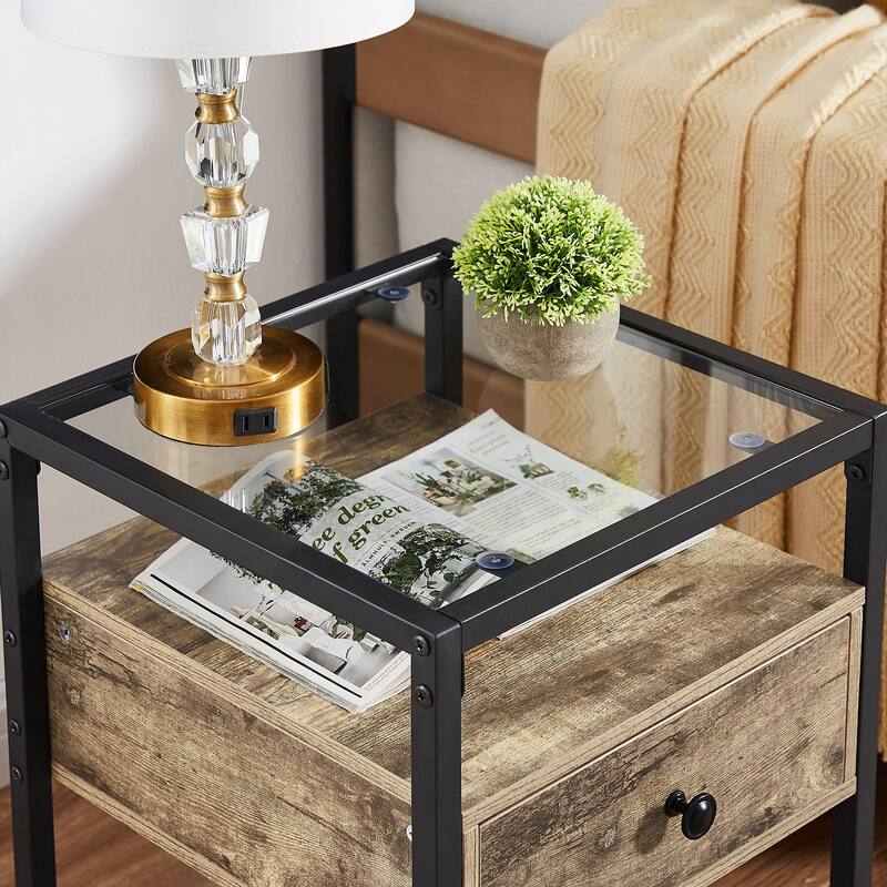 VECELO Modern 1- Drawer Nightstands with Tempered Glass Top