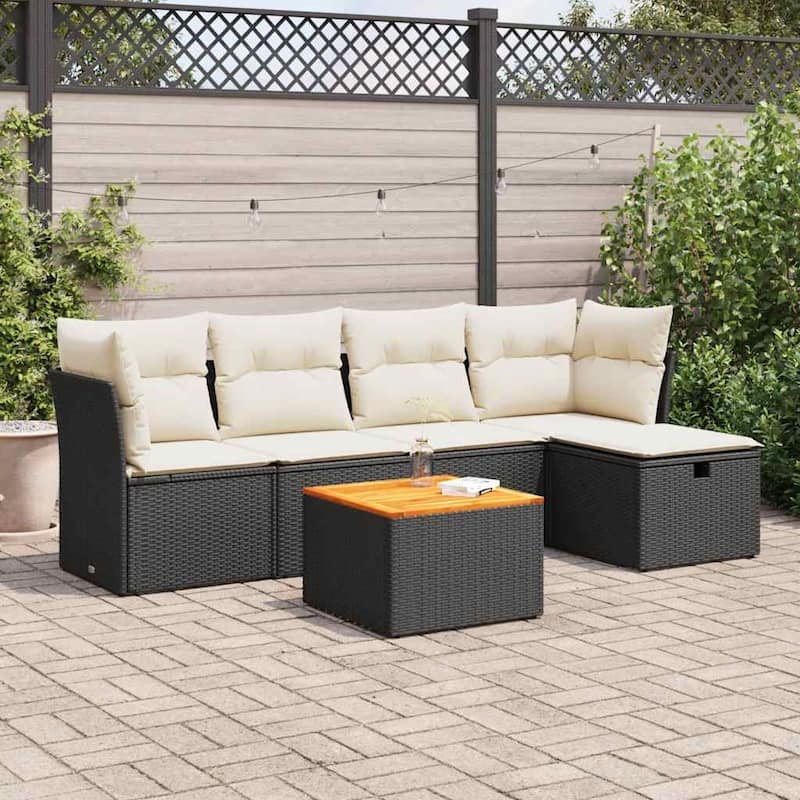 vidaXL Patio Sofa Set with Cushions Outdoor Furniture 6 Piece Poly Rattan - Black and cream Large with storage