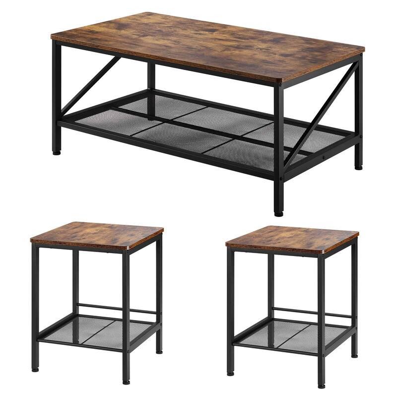 3-Piece Living Room Coffee Table Set with Brown Wood Grain Top and Black Metal Frame Included Side Tables