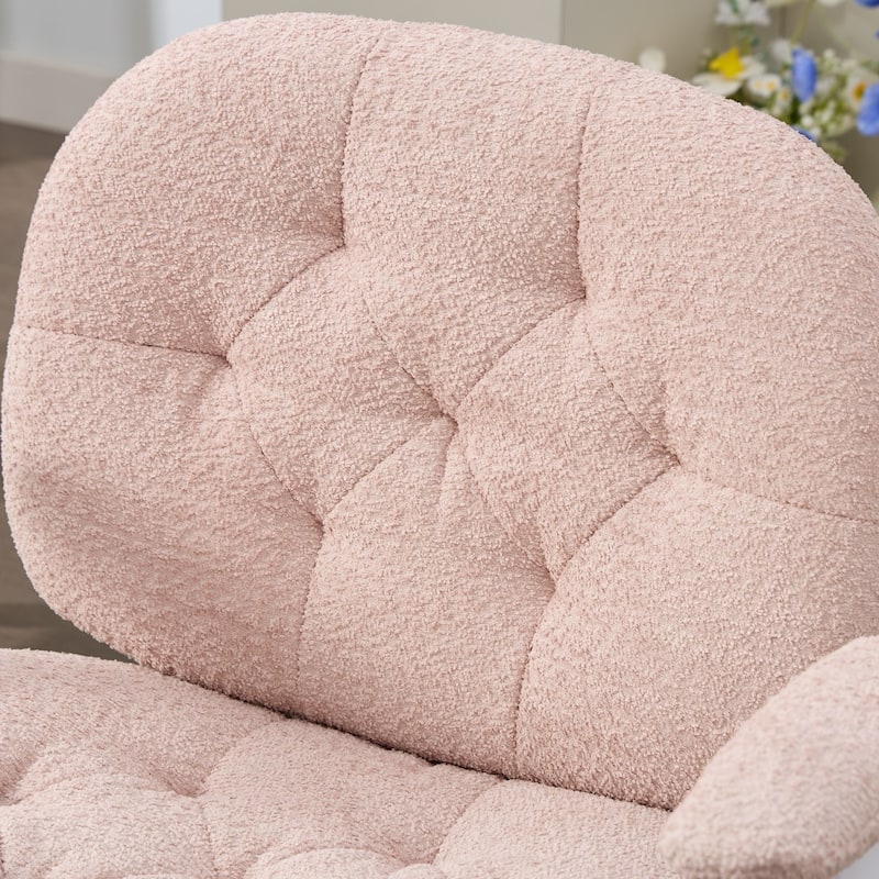 Pink Swivel Chair with Flip-Up Armrests and Crossed Legs