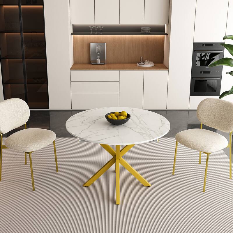 Modern Extendable Round Dining Table for 4-6: Carbon Steel X-Shaped Base, Space-Saving Kitchen & Apartment Table