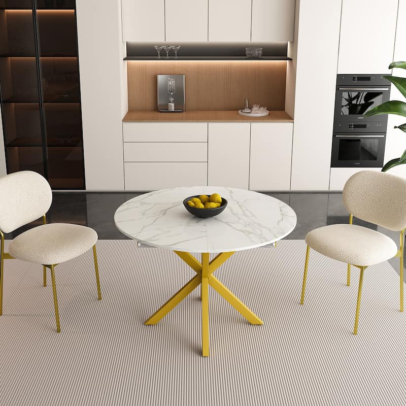 Modern and simple round dining table with extendable blades, carbon steel X-shaped base, sturdy and durable(4-6 people)