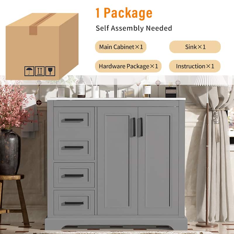 36" Modern Bathroom Vanity with Ceramic Sink, Soft-Close Door, Adjustable Shelf & 3 Drawers, Ample Storage.