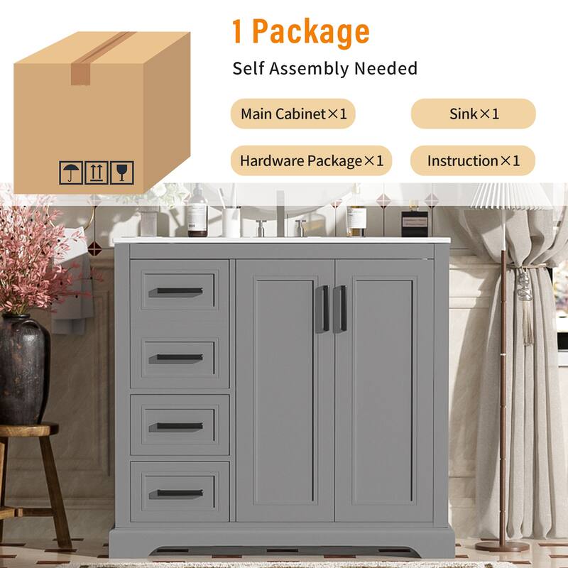 36" Modern Bathroom Vanity with Ceramic Sink, Soft-Close Door, Adjustable Shelf & 3 Drawers, Ample Storage
