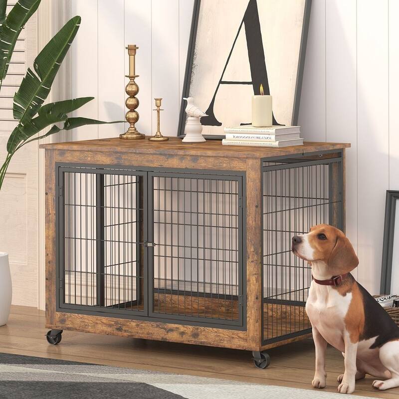 Dog Crate Furniture with Double Doors on Casters