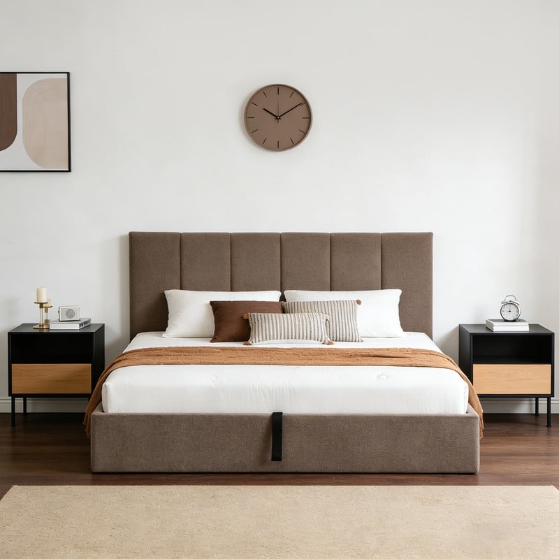 Modern Upholstered Lift-Up Storage Platform Bed with Headboard - Boucle Brown - King