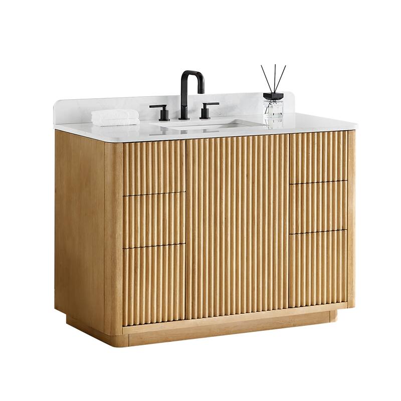 Clayton Bathroom Vanity in Washed Light Brown with Grain White Engineered Stone Countertop without Mirror