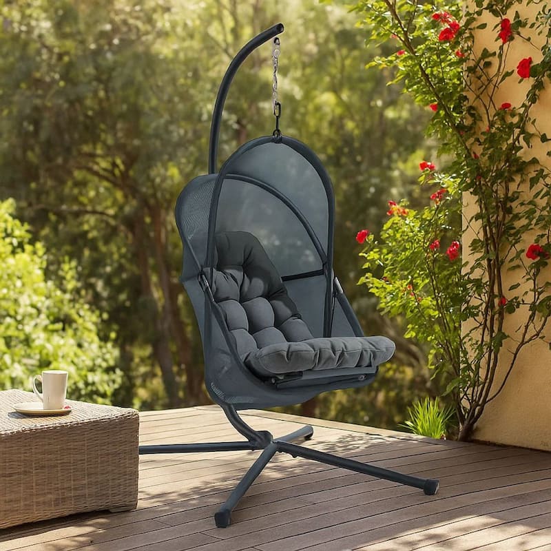 Bery Outdoor Swing Chair with Foldable Stand, Dark Gray Cushion
