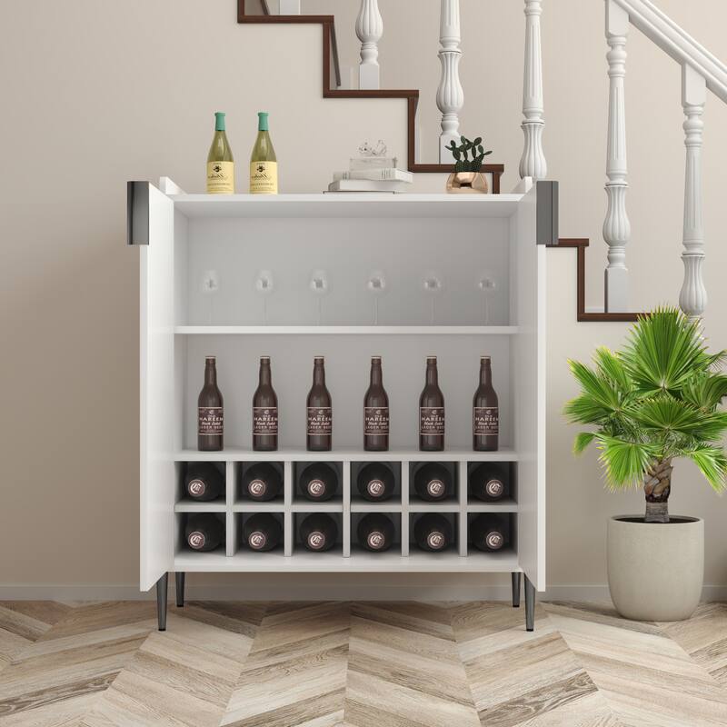 Anmytek White Bar Cabinet with Wine Rack and Stemware Holder 40 Inch Home Bar Storage