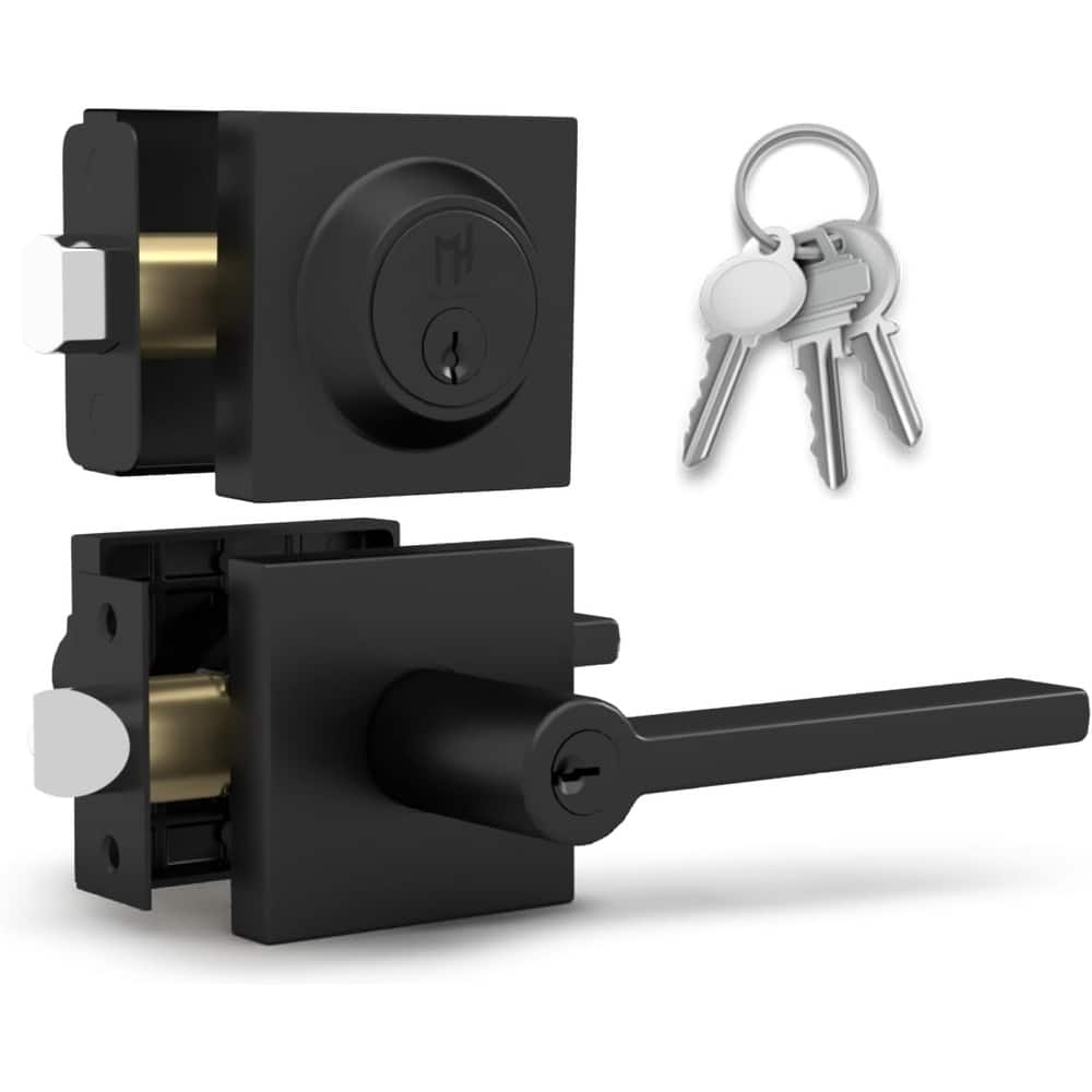Mega Handles PRIME Flat Entry Door Lock Lever and Square Single Cylinder Deadbolt Keyed Combo | Reversible Handle Set