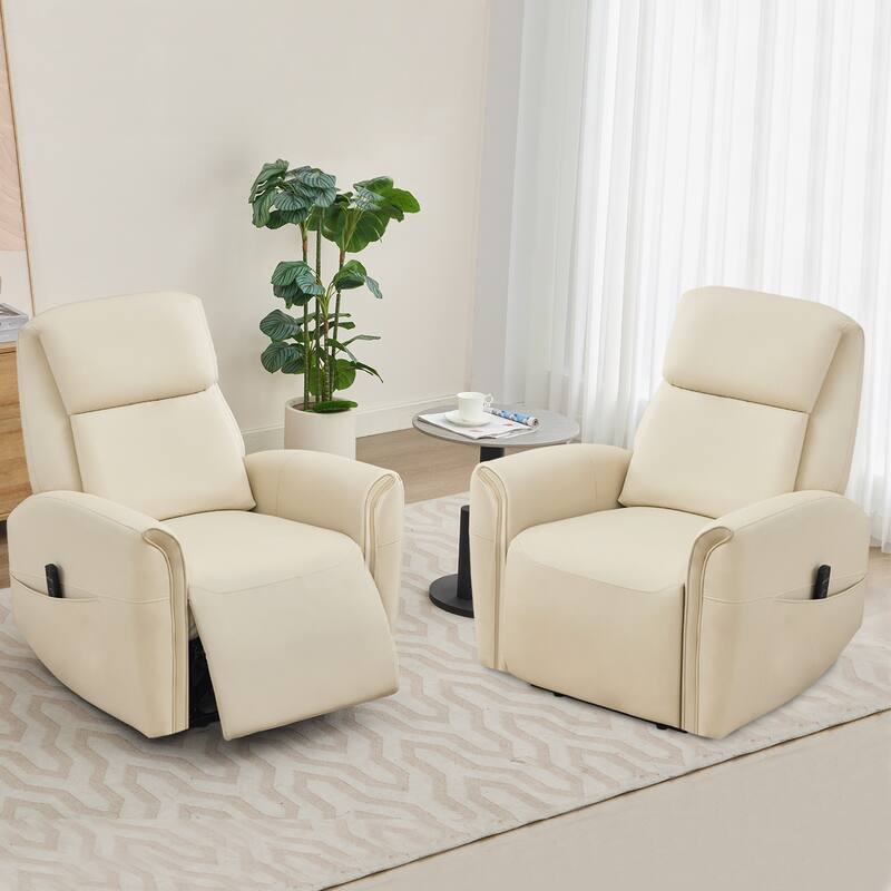 Oversized Faux Leather Massage Power Recliner with Two Pockets Set of 2 - Beige