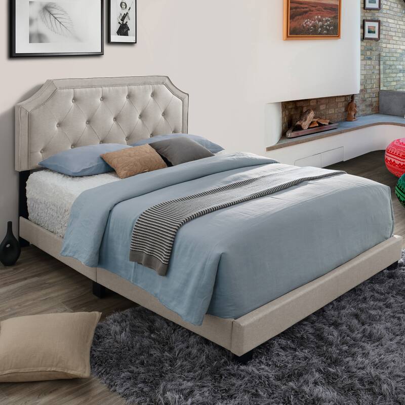 Aria Beige Fabric Queen Bed with Piping and Button Tufting