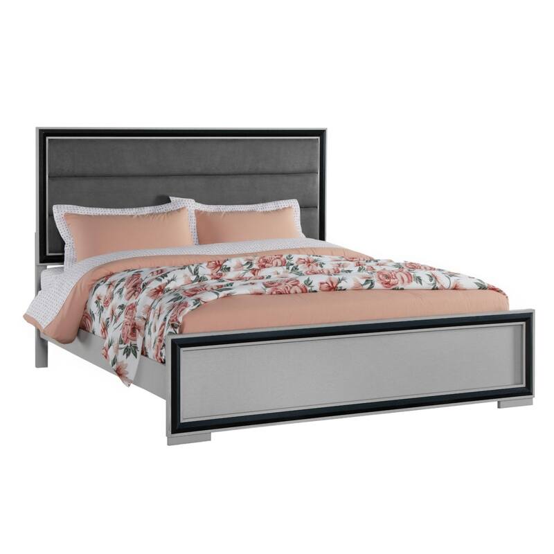 HomeRoots Gray Ribbed Texture Wood And Upholstery King Bed Frame