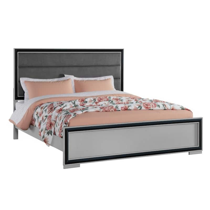 HomeRoots Gray Ribbed Texture Wood And Upholstery Queen Bed Frame