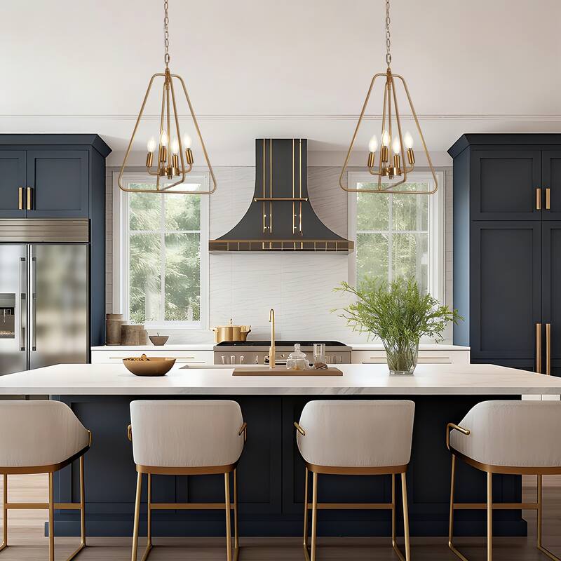 Dsmll Mid-century Modern 4-Light Chandelier Black Gold Lantern Pendant Lights for Dining Room - D 15.7" x H 20.9"  - Brass gold