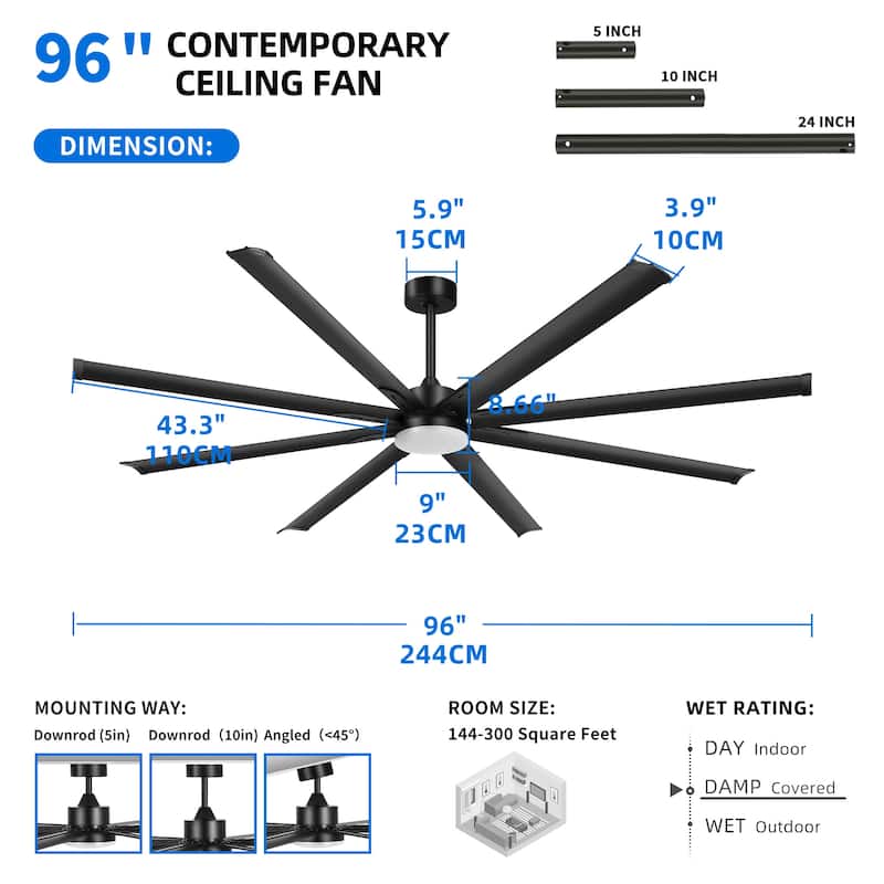 Moasis 96 Inch Black Ceiling Fan with Light and Remote&6 Speeds