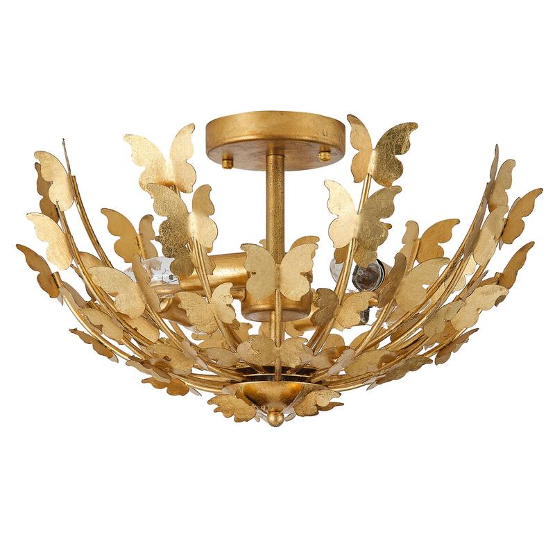 Antique Gold Butterfly Bowl 4-Light Semi Flush Mount Ceiling Light - 17.7"Wx10.4"H