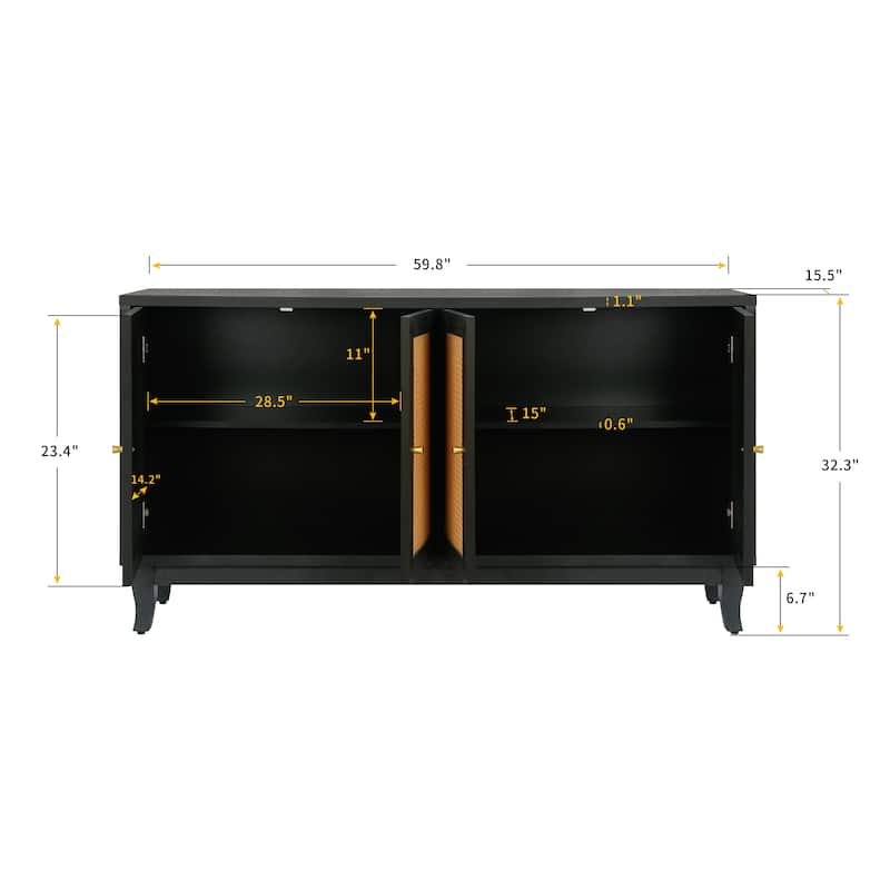 Rattan Sideboard Buffet Cabinet with 4 Doors, Handcrafted Wood Grain Panels Retro Storage Console Table with Adjustable Shelves