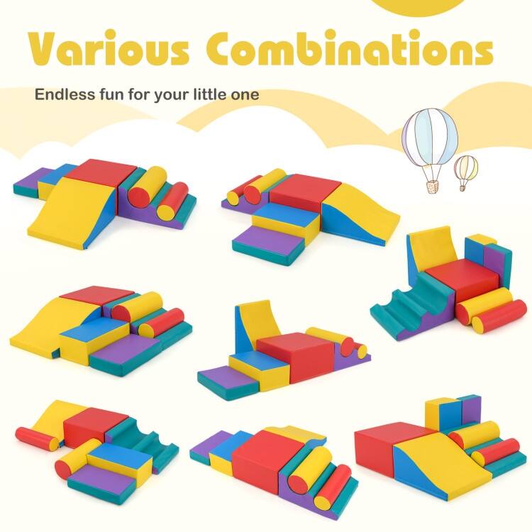 Red PU Leather EPE Foam 7-Piece Kids Climbing Blocks Set with Slide and Wave Shape - 19.5" x 17.5" x 10" (L x W x H)