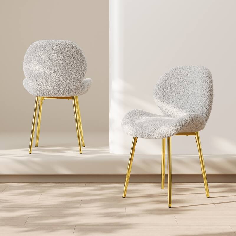 Modern minimalist white teddy velvet Dining Chairs Set of 2 with sturdy gold metal legs and comfortable backrest design,