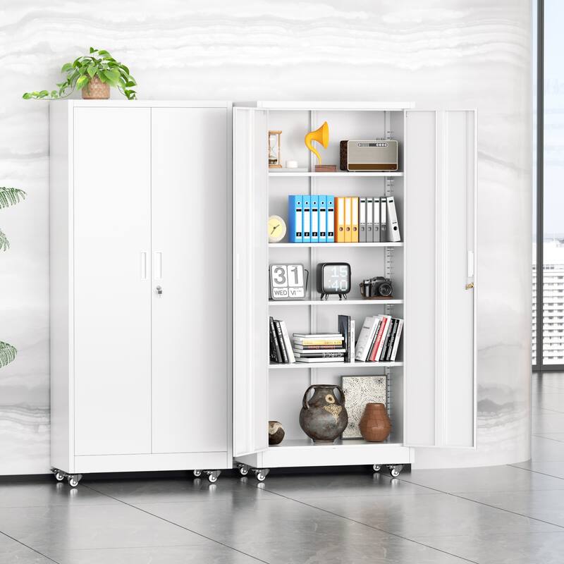 Tall Garage Storage Rolling Tool Cabinet with Locking Doors and Adjustable Shelves for Garage, Home Office, School