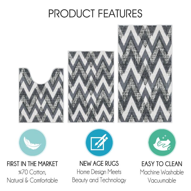 Geometric Design 3 Piece Bathroom Rugs Set - Non-Slip Ultra Thin Bath Rugs for Bathroom Floor - Washable Bathroom Mats Set
