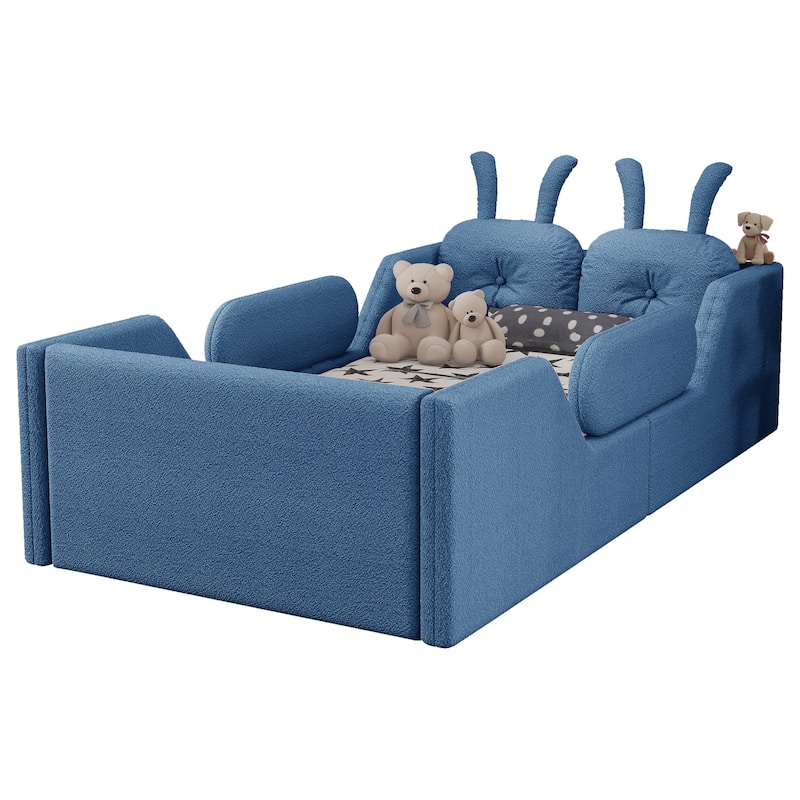 Blue Twin Upholstered Platform Bed with Rabbit Cushion & Removable Side Rails! (Arrives 2025/1/15)