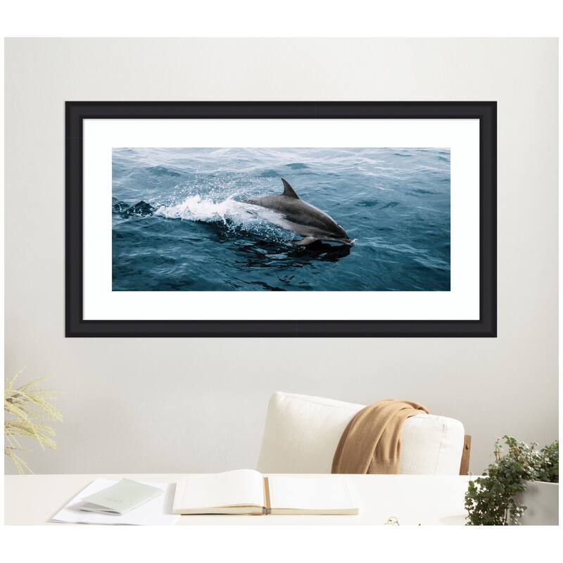 Kate and Laurel Framed Art Dolphin Skipping along in the Ocean Panel by Michael Schauer