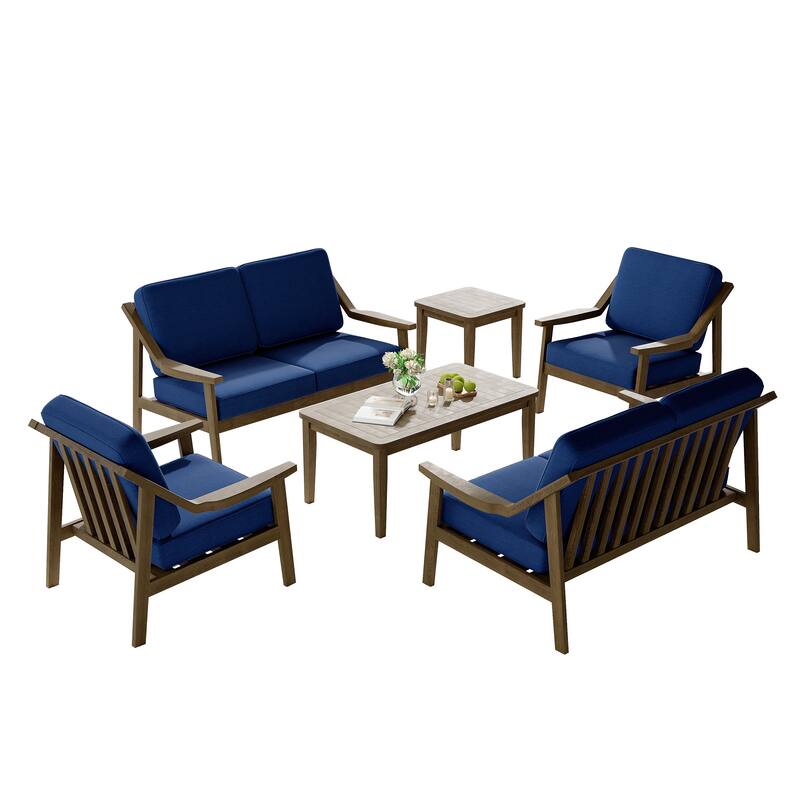 6-piece Wood Patio Chat Set Teak Conversation Set with Cushion