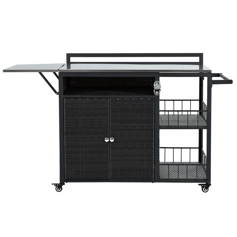 Roomfitters 63.5" Outdoor Kitchen Island Grill Cart with Foldable Side Tabletop and Ample Storage, Dark Brown