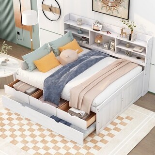 Full Size Wooden Captain Bed with Built-in Bookshelves, 3-Storage Drawers, and Trundle, White, Classic Style Bed Frame