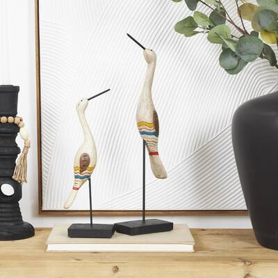 Cream Polystone Handmade Distressed Carved Bird Decorative Sculpture with Colorful Patterns and Black Stand (Set of 2)