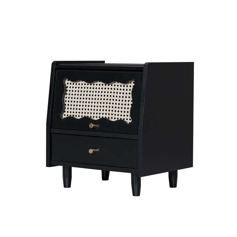 Wooden Nightstand With Rattan-Woven Storage Cabinet And 1 Drawer - Black