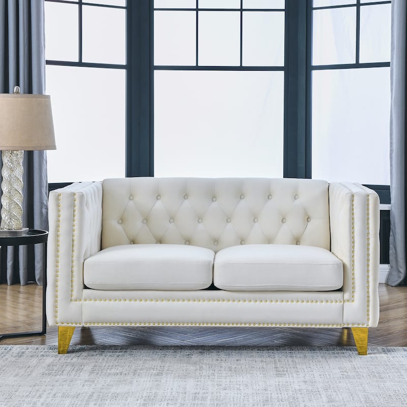 Elegant Velvet Chesterfield Sofa with Nailhead Trim and Metal Legs, Perfect for Living Rooms and Bedrooms