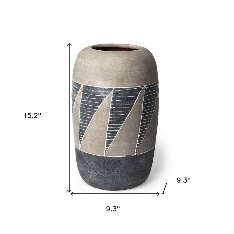HomeRoots 15" Brown And Gray Geometric Cylinder Ceramic Table Vase - 9.3
