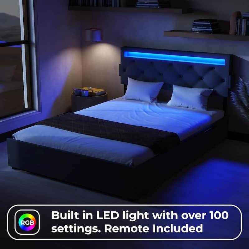 Queen Bed Frame with USB Charging Station & LED Lights, Queen Bed Frame with Headboard & 4 Storage Drawers