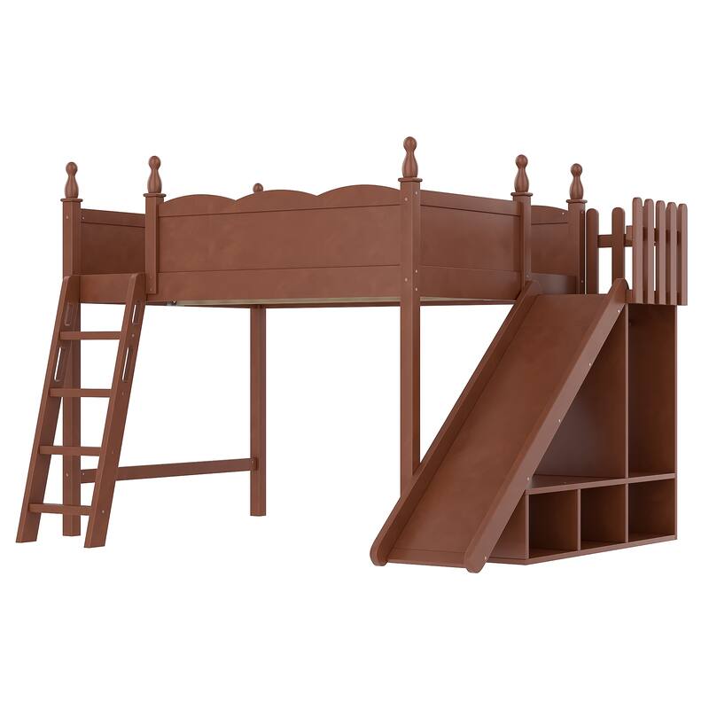 Full Loft Bed with Storage Shelves and Wardrobe, Solid Wood Loft Beds with Detachable Slide and Ladders, No Spring Box Needed