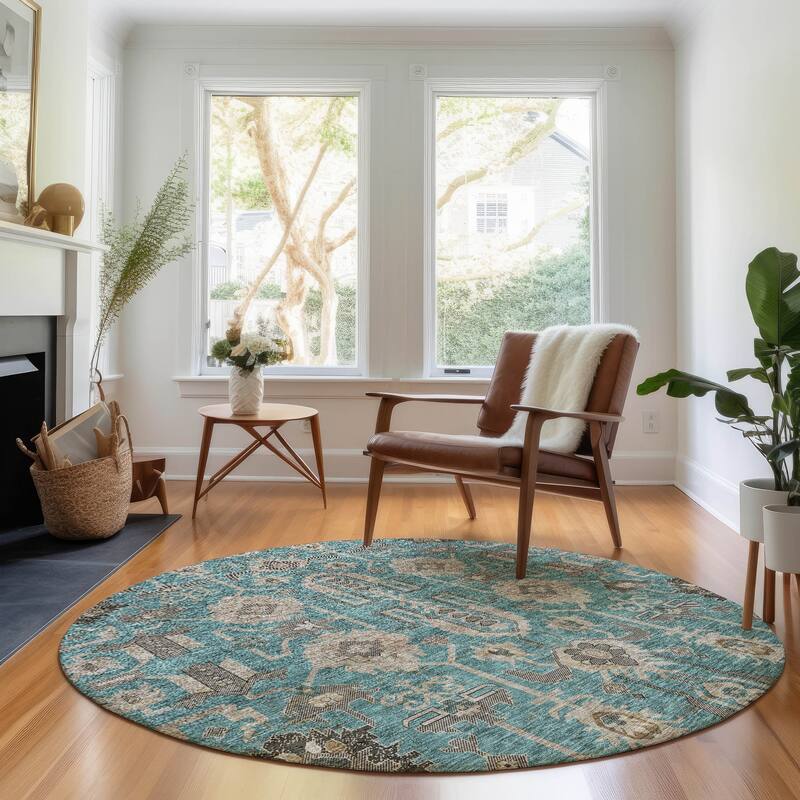 Premium Washable Super Soft Traditional Global Mayfield Rug - Teal - 8' x 8' - Round