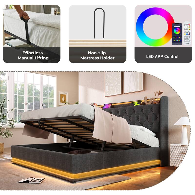 King size Upholstered bed, 360 surround LED function, Buttons/Apps/Remote Control, hydraulic storage bed